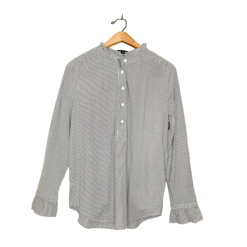Ann Taylor Ruffle Pinstripe Half Button Front Business Casual Tunic Blouse M